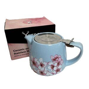 Alfred Light Blue Ceramic Floral  Porcelain Teapot w/ Stainless Infuser NWT